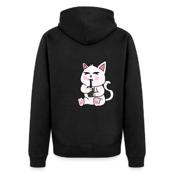 Bubble Tea Drinking White Cat Anime Kawaii - Unisex Premium Organic Zip Hoodie - black - Back - Nico (187cm)