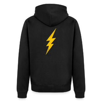 EnergieblitzDesign in Gelb - Unisex Premium Bio Zip Hoodie - Schwarz - Hinten - Nico (187cm)