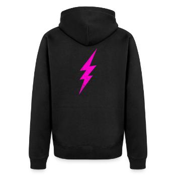 Leuchtender Pinker Blitz - Unisex Premium Bio Zip Hoodie - Schwarz - Hinten - Nico (187cm)