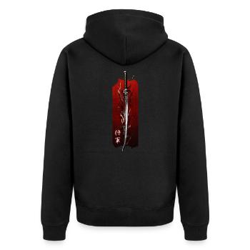 Shoguns Klinge: Die Eleganz des Katanas - Unisex Premium Bio Zip Hoodie - Schwarz - Hinten - Nico (187cm)