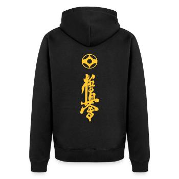 Kyokushin Kaikan Kanji Design in gelb - Unisex Premium Bio Zip Hoodie - Schwarz - Hinten - Nico (187cm)