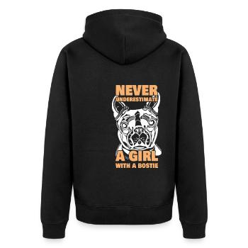 Never Underestimate A Girl With A Bostie Bosten - Unisex Premium Bio Zip Hoodie - Schwarz - Hinten - Nico (187cm)