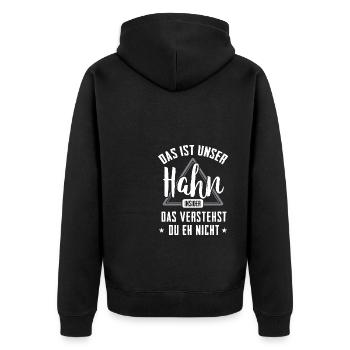 Das ist ein Familie Hahn Insider - Unisex Premium Bio Zip Hoodie - Schwarz - Hinten - Nico (187cm)