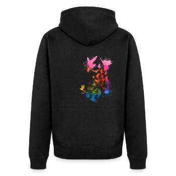 tauben,taube,vögel,vogelschwarm,bunt,graffiti, - Unisex Premium Bio Zip Hoodie - Schwarz - Hinten - Nico (187cm)