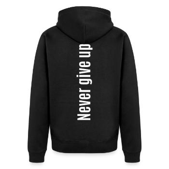 Never give up Design - Unisex Premium Bio Zip Hoodie - Schwarz - Hinten - Nico (187cm)