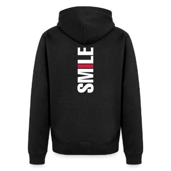 ★ Designfarben änderbar ★ Smile vertikal - Unisex Premium Bio Zip Hoodie - Schwarz - Hinten - Nico (187cm)