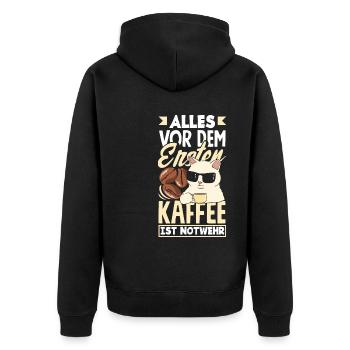 Alles vor dem ersten Kaffee ist Notwehr Lustiges - Unisex Premium Bio Zip Hoodie - Schwarz - Hinten - Nico (187cm)