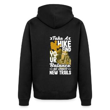 Take a hike, find your balance, and conquer new - Unisex Premium Bio Zip Hoodie - Schwarz - Hinten - Nico (187cm)