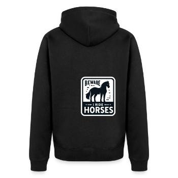 Vorsicht, ich reite Pferde - Unisex Premium Bio Zip Hoodie - Schwarz - Hinten - Nico (187cm)