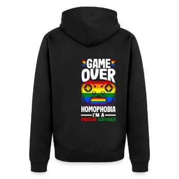 Jeu sur l’homophobie - Je suis un fier gaymer - Veste à capuche bio Premium Unisexe - noir - Dos - Nico (187cm)