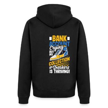 Bank Account Crying, Sneaker Collection Thriving! - Unisex Premium Bio Zip Hoodie - Schwarz - Hinten - Nico (187cm)