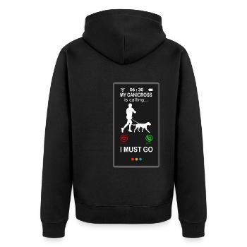 Canicross Läufer mit Hund is Calling Spruch lustig - Unisex Premium Bio Zip Hoodie - Schwarz - Hinten - Nico (187cm)
