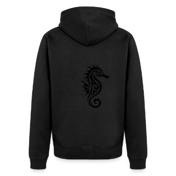 Kleines Vintage Tribal Tattoo Seepferdchen - Unisex Premium Bio Zip Hoodie - Schwarz - Hinten - Nico (187cm)