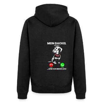 MEIN DACKEL RUFT AN… ICH MUSS LOS Dackel Geschenk - Unisex Premium Bio Zip Hoodie - Schwarz - Hinten - Nico (187cm)