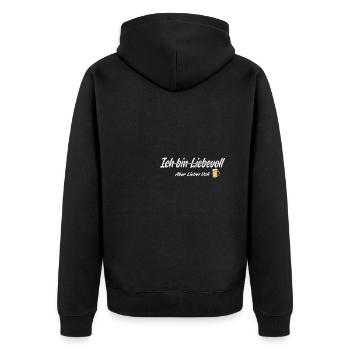 Ich bin Liebevoll aber lieber voll lustig - Unisex Premium Bio Zip Hoodie - Schwarz - Hinten - Nico (187cm)