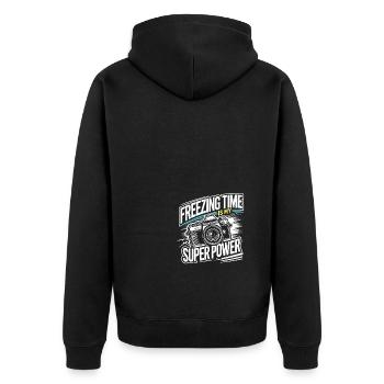 Zeit einfrieren ist meine Superkraft - Unisex Premium Bio Zip Hoodie - Schwarz - Hinten - Nico (187cm)