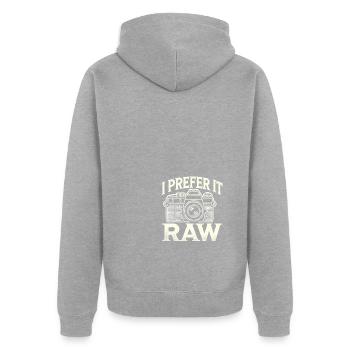 Ich bevorzuge es roh - Unisex Premium Bio Zip Hoodie - Grau meliert - Hinten - Nico (187cm)