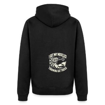 Ich habe diese Muskeln, die Hattricks machen - Unisex Premium Bio Zip Hoodie - Schwarz - Hinten - Nico (187cm)