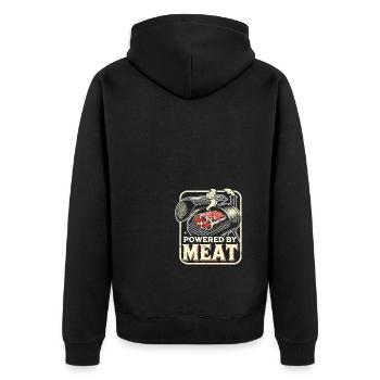 Powered by Fleisch - Unisex Premium Bio Zip Hoodie - Schwarz - Hinten - Nico (187cm)