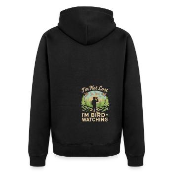 Ich bin nicht verloren, ich beobachte nur Vögel - Unisex Premium Bio Zip Hoodie - Schwarz - Hinten - Nico (187cm)