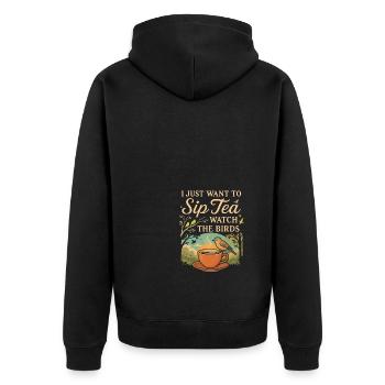 Ich möchte nur Tee schlürfen und die Vögel - Unisex Premium Bio Zip Hoodie - Schwarz - Hinten - Nico (187cm)