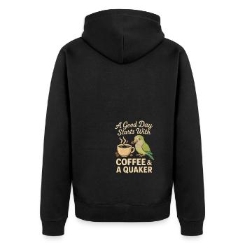 Ein guter Tag beginnt mit Kaffee und einem Quäker - Unisex Premium Bio Zip Hoodie - Schwarz - Hinten - Nico (187cm)