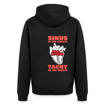 Sinus in the Streets Tachy In The Sheets - Unisex Premium Bio Zip Hoodie - Schwarz - Hinten - Nico (187cm)