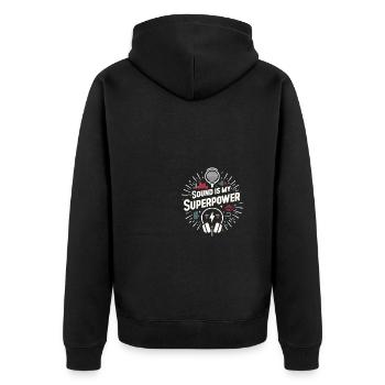 Klang ist meine Superkraft - Unisex Premium Bio Zip Hoodie - Schwarz - Hinten - Nico (187cm)