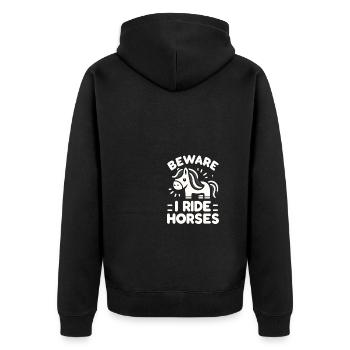 Vorsicht, ich reite Pferde - Unisex Premium Bio Zip Hoodie - Schwarz - Hinten - Nico (187cm)
