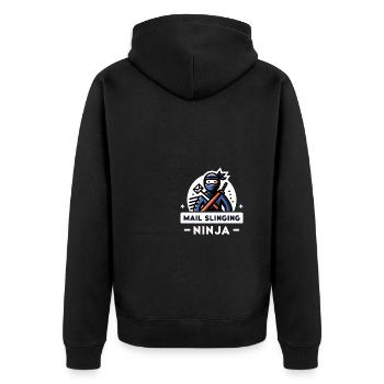 Postwurfsendung Ninja - Unisex Premium Bio Zip Hoodie - Schwarz - Hinten - Nico (187cm)