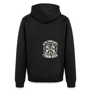 Du wirfst also Darts? Das ist niedlich - Unisex Premium Bio Zip Hoodie - Schwarz - Hinten - Nico (187cm)