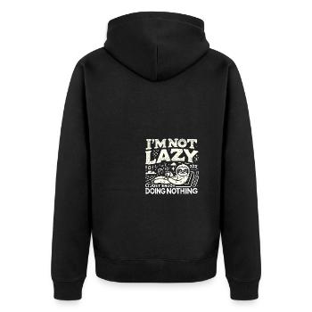 Ich bin nicht faul, ich genieße es nur, nichts zu - Unisex Premium Bio Zip Hoodie - Schwarz - Hinten - Nico (187cm)