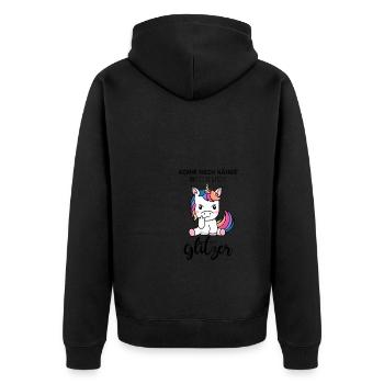 Einhorn Stinkefinger (bunt/schwarz) - Unisex Premium Bio Zip Hoodie - Schwarz - Hinten - Nico (187cm)