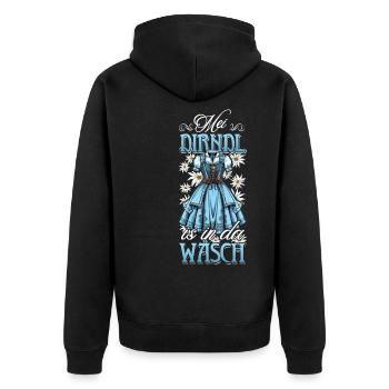 Mei Dirndl ist in der Wäsche Trachtenshirt Damen - Unisex Premium Bio Zip Hoodie - Schwarz - Hinten - Nico (187cm)