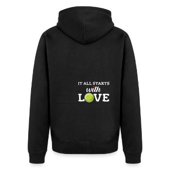 Mit Liebe fängt alles an - Unisex Premium Bio Zip Hoodie - Schwarz - Hinten - Nico (187cm)