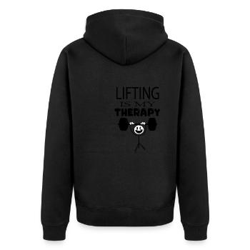 Lifting as Therapy Ironic Gym Quote Barbell - Unisex Premium Organic Zip Hoodie - black - Back - Nico (187cm)