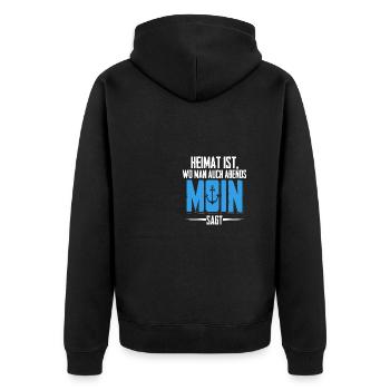 Heimat ist wo man auch Abends Moin sagt - Unisex Premium Bio Zip Hoodie - Schwarz - Hinten - Nico (187cm)