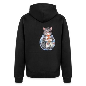 Niedliche Katze Klaut Fisch Fischen Geschenk - Unisex Premium Bio Zip Hoodie - Schwarz - Hinten - Nico (187cm)