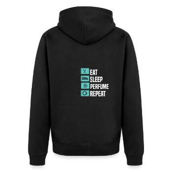 Parfüm Fragrance Perfüm Perfume Parfum Duft - Unisex Premium Bio Zip Hoodie - Schwarz - Hinten - Nico (187cm)