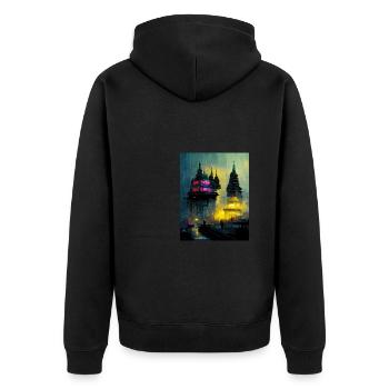 Neon Buddha Cyber Stadt im Regen - Unisex Premium Bio Zip Hoodie - Schwarz - Hinten - Nico (187cm)