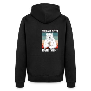 Direkte aus der Nachtschicht - Unisex Premium Bio Zip Hoodie - Schwarz - Hinten - Nico (187cm)