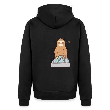 Süßes Faultier, das Geschirr spült, schläft, müde, - Unisex Premium Bio Zip Hoodie - Schwarz - Hinten - Nico (187cm)
