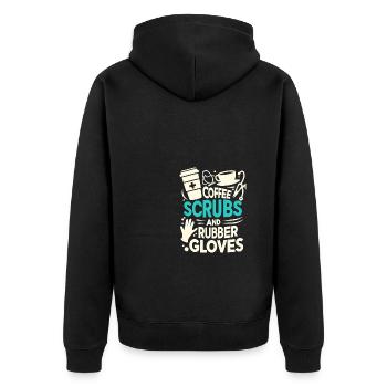 Kaffee, Kittel und Gummihandschuhe - Unisex Premium Bio Zip Hoodie - Schwarz - Hinten - Nico (187cm)