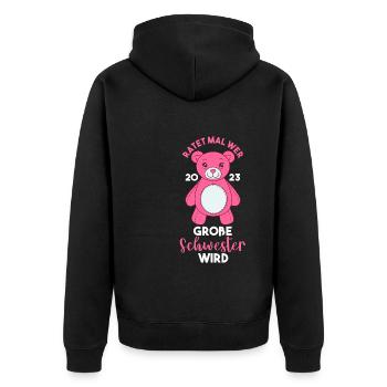 Schwester 2023 Schwanger Werdende Schwester - Unisex Premium Bio Zip Hoodie - Schwarz - Hinten - Nico (187cm)