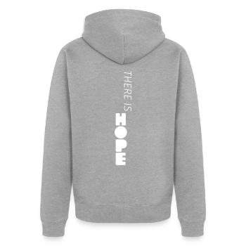 there is HOPE in weiß - Unisex Premium Bio Zip Hoodie - Grau meliert - Hinten - Nico (187cm)