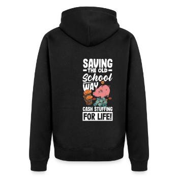 Saving the Old-School Way Cash Stuffing for Life - Unisex Premium Bio Zip Hoodie - Schwarz - Hinten - Nico (187cm)