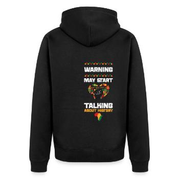 Warning may start talking about... - Unisex Premium Organic Zip Hoodie - black - Back - Nico (187cm)