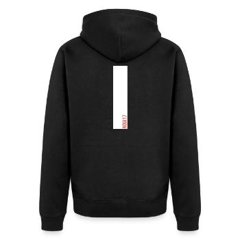 NOIA17 Streetwear mit weissem Balken - Unisex Premium Bio Zip Hoodie - Schwarz - Hinten - Nico (187cm)