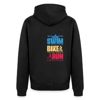 Swim like the Boat sunk Bike like you stole it Run - Unisex Premium Bio Zip Hoodie - Schwarz - Hinten - Nico (187cm)