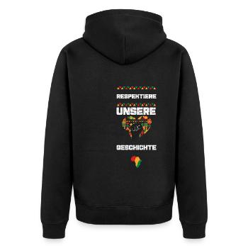 Respektiere unsere Geschichte - Unisex Premium Bio Zip Hoodie - Schwarz - Hinten - Nico (187cm)